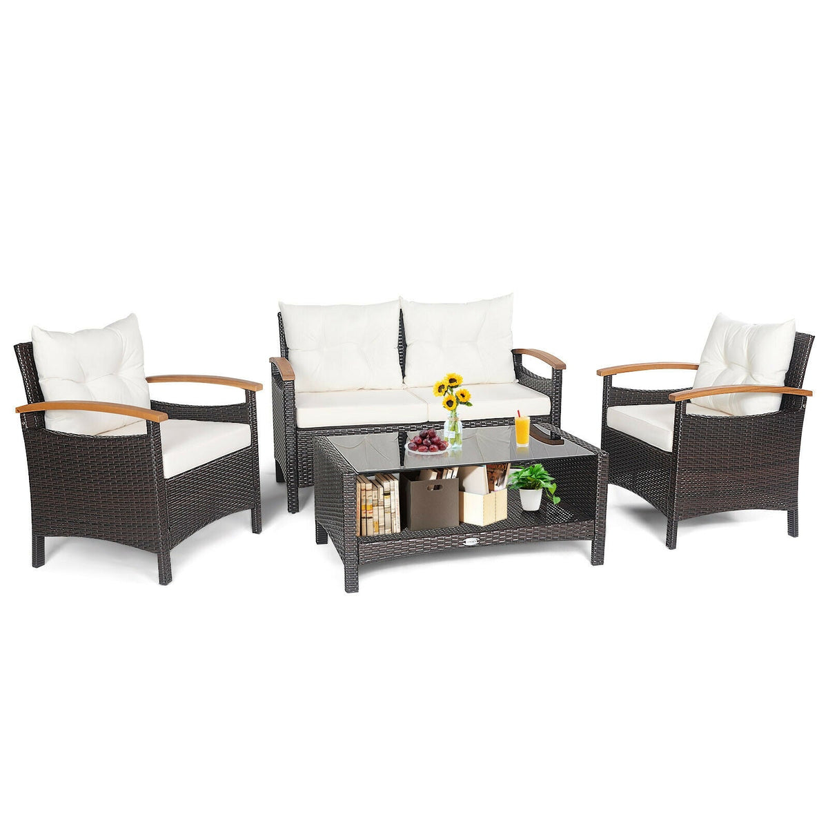 4 Pieces Patio Rattan Set with Cushioned Sofa and Storage Table