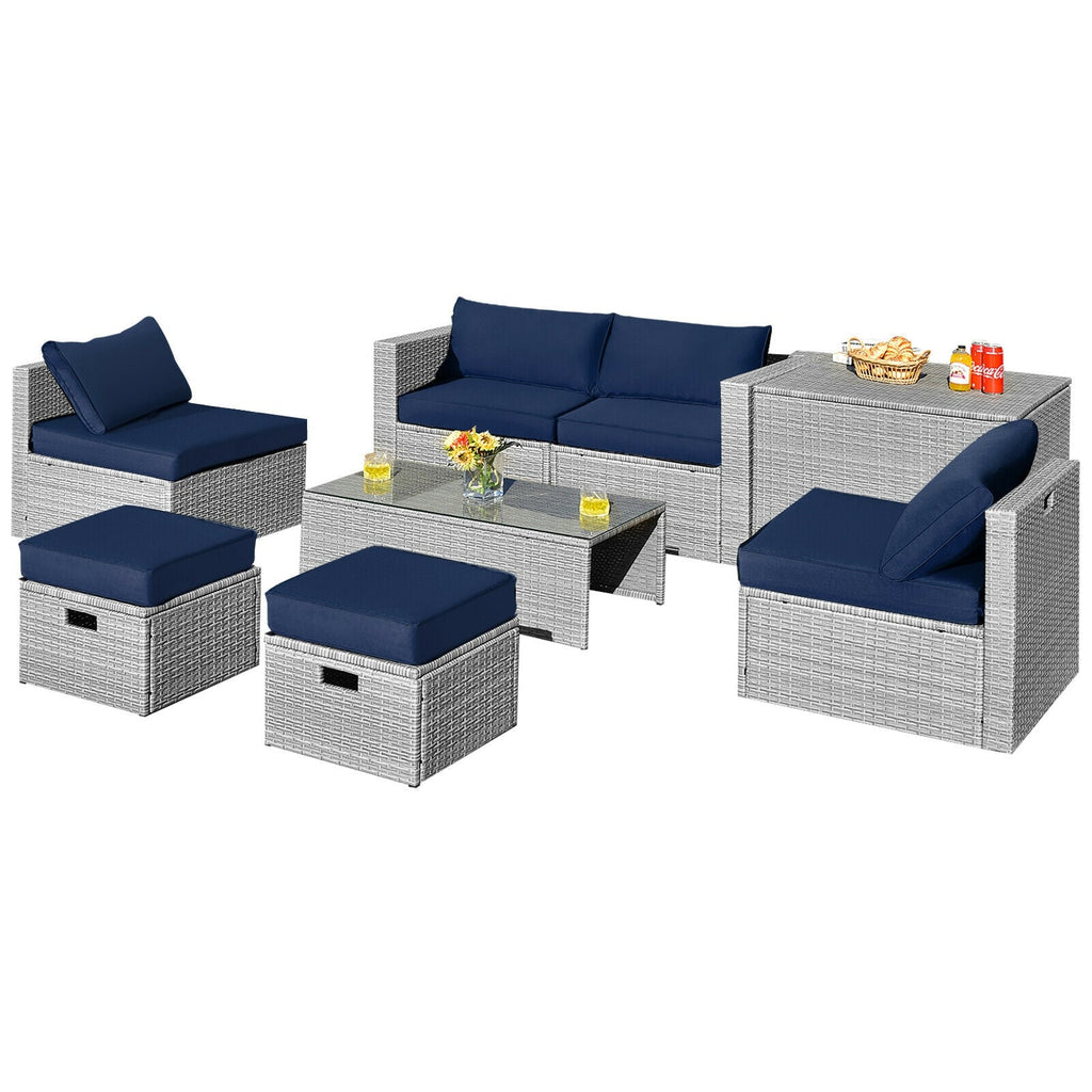 8 Pieces Patio Rattan Set with Storage Waterproof Cover and Cushion