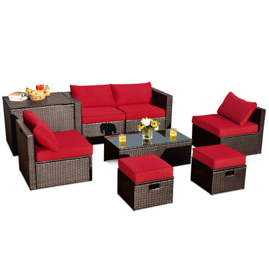 8 Pieces Patio Rattan Furniture Set with Storage Box and Waterproof Cover-Red