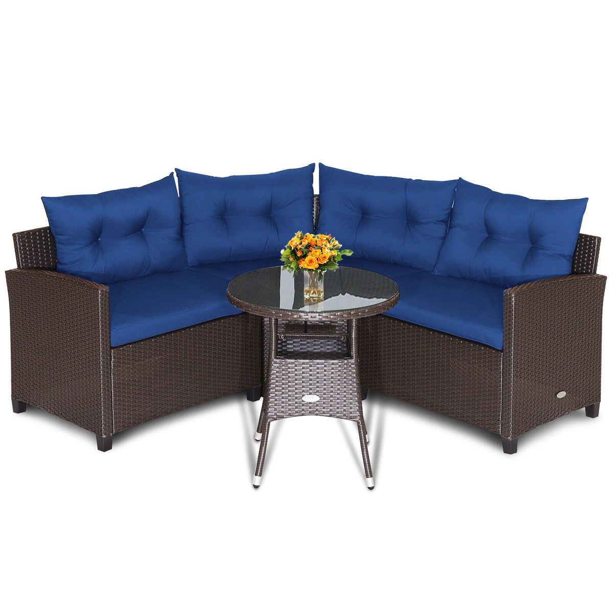 4 Pieces Patio Rattan Furniture Set Cushioned Sofa Glass Table