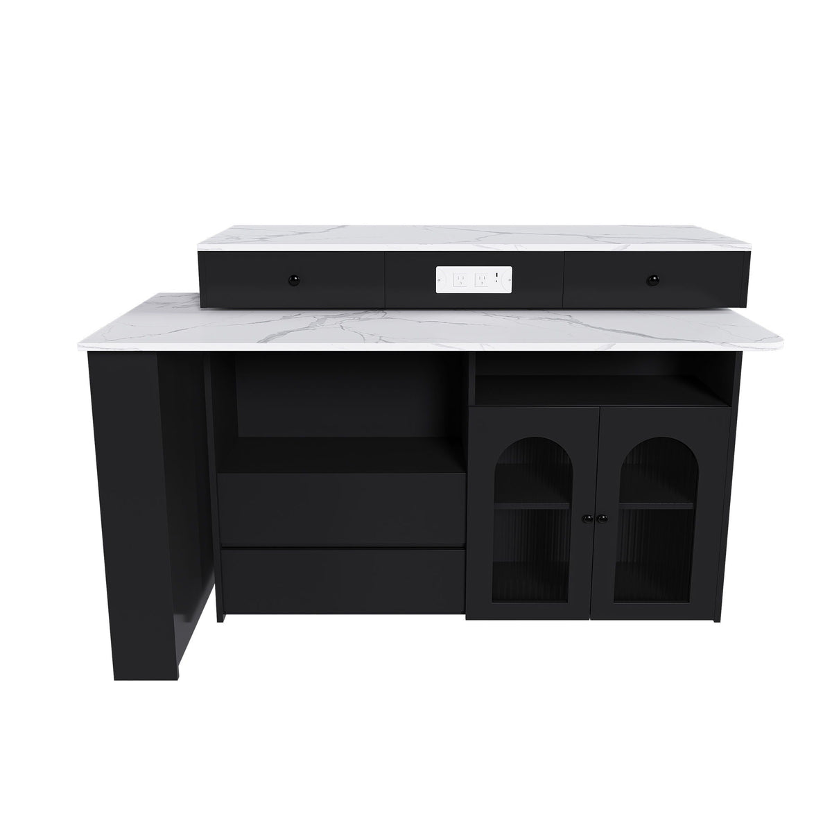Kitchen Island, Extendable Rotating Table, 4 Drawers & Glass Doors