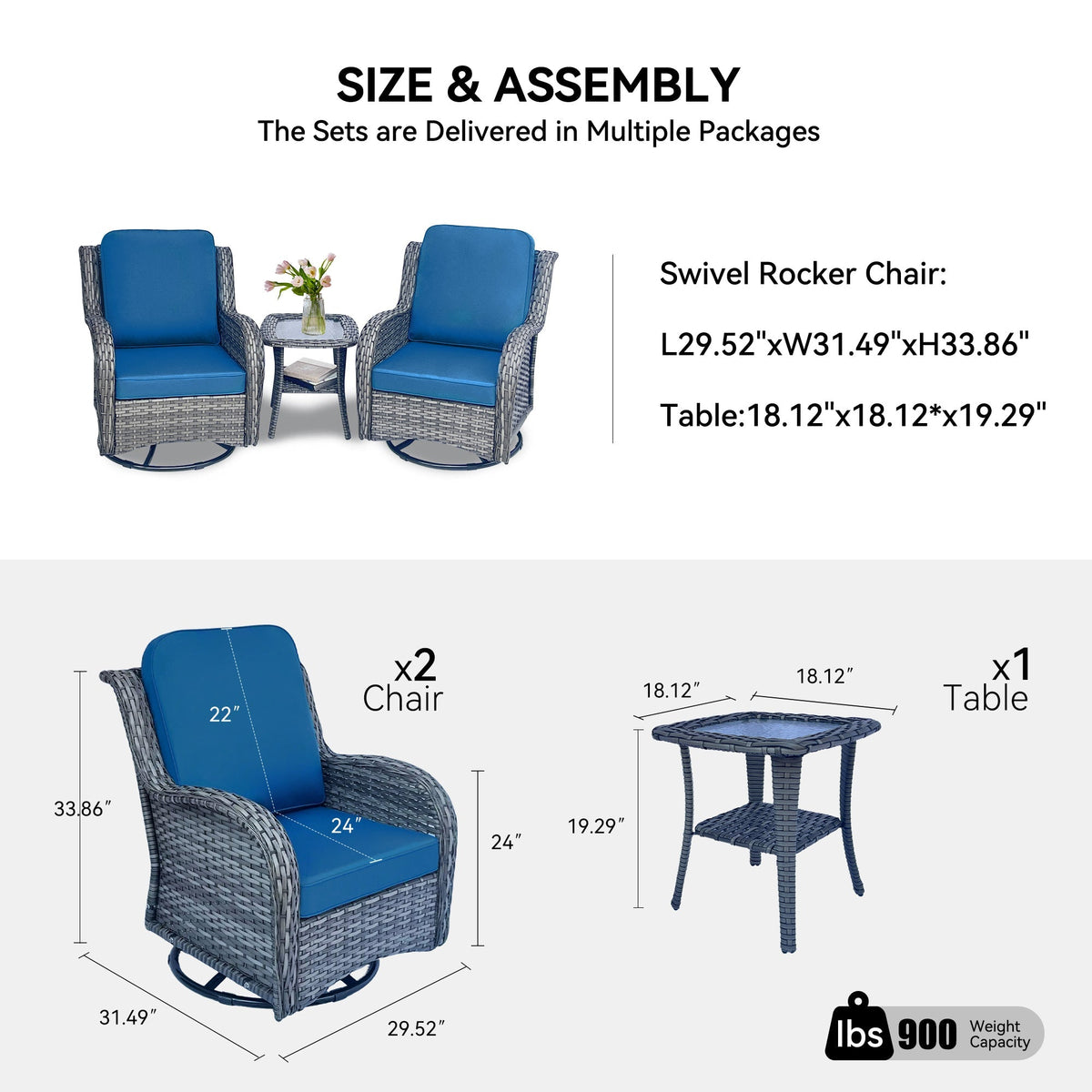 Wicker Patio Set - 3 Piece Rattan Outdoor Sectional Conversation Set