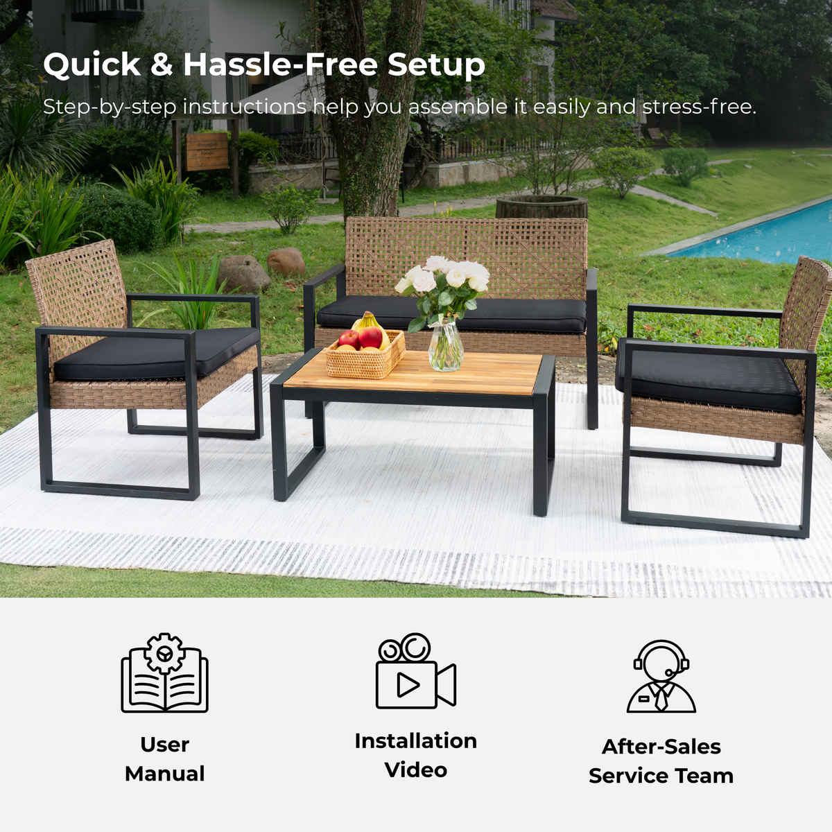 4-Piece Patio Furniture Set with Acacia Wood and Wicker - Brown or Light Brown