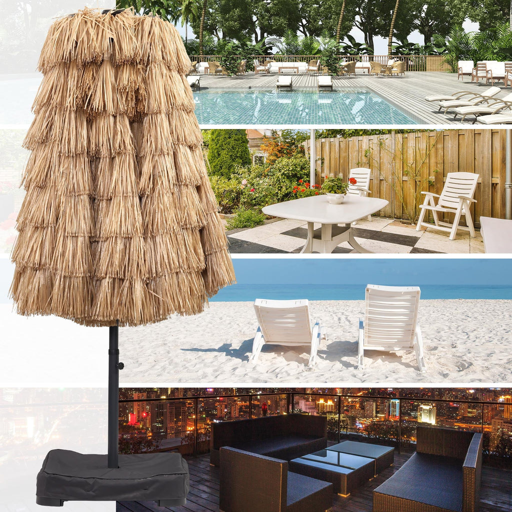 15ft Large Thatched Tiki Patio Umbrella with Lights, Weighted Sandbags