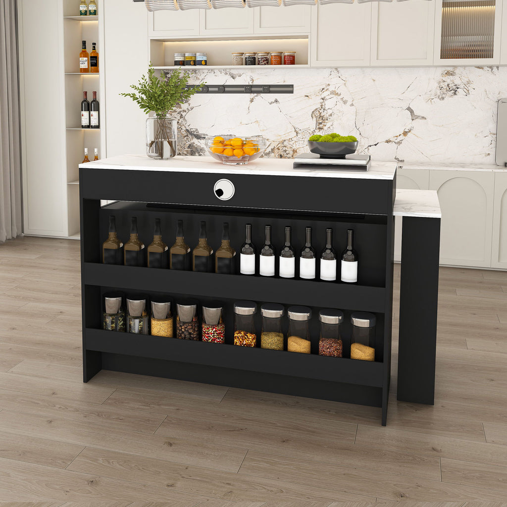 Kitchen Island, Extendable Rotating Table, 4 Drawers & Glass Doors