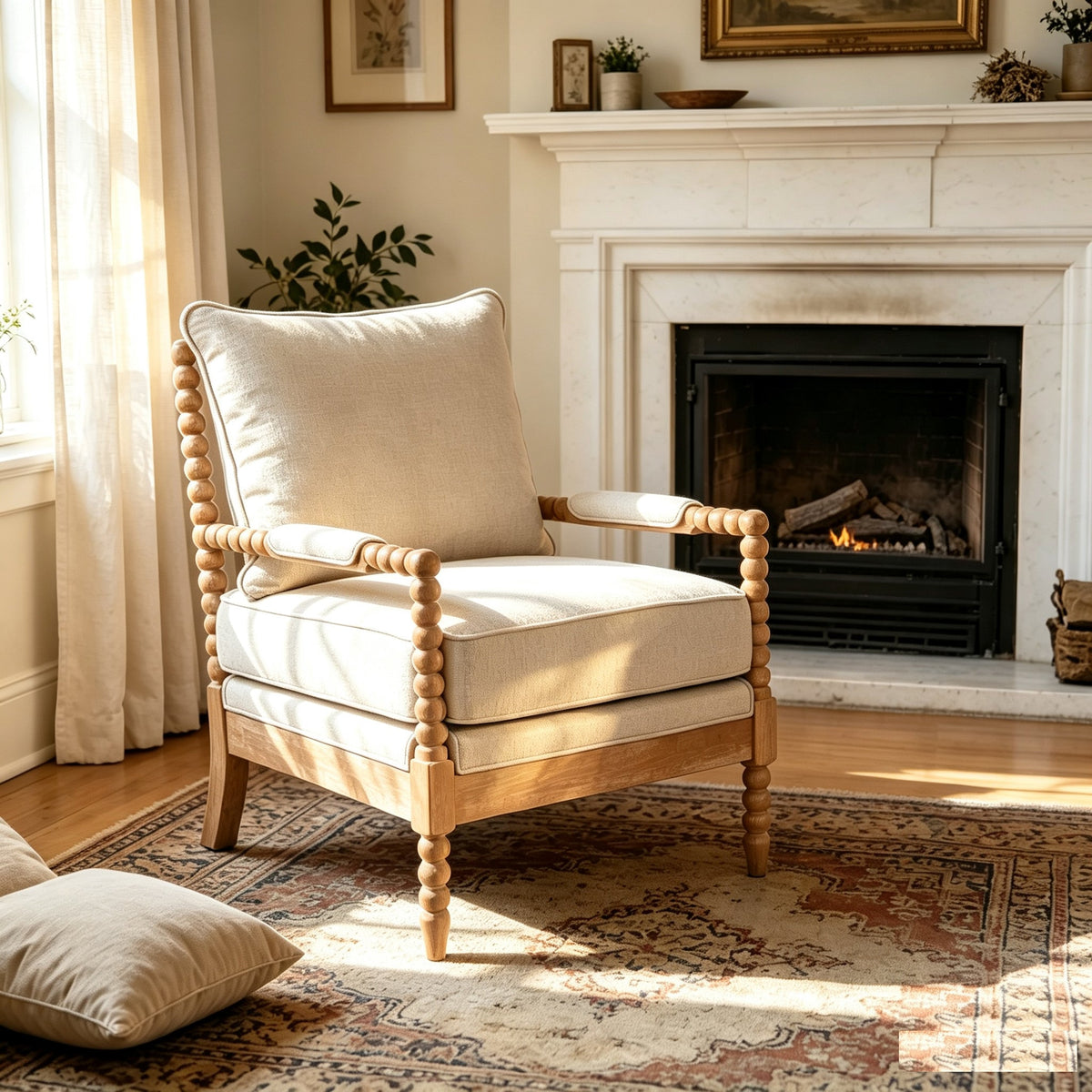 Rubber Wood Accent Chair - Upholstered Fabric Living Room Chair