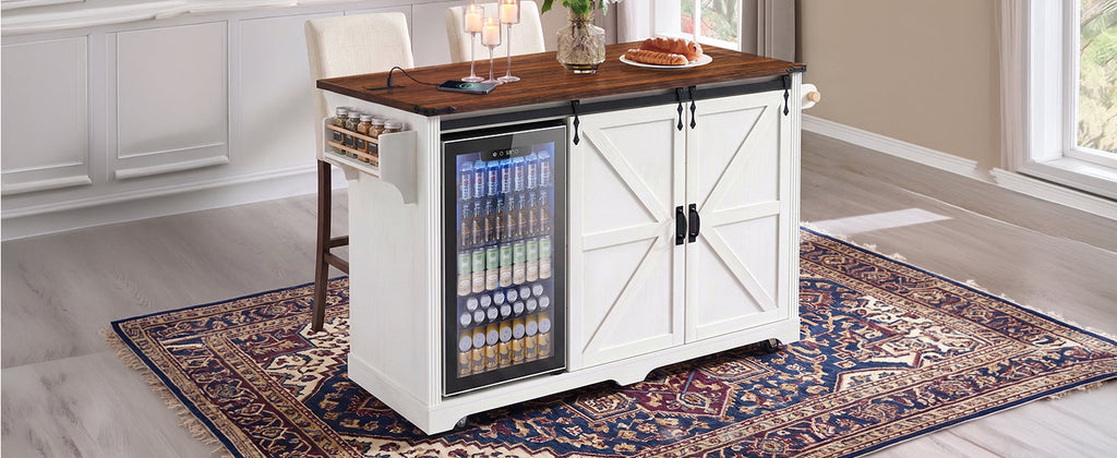 K&K 72" Farmhouse Kitchen Island with Fridge Storage