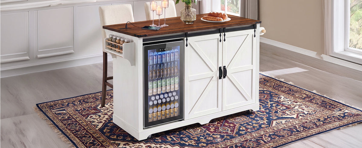 K&K 72" Farmhouse Kitchen Island with Fridge Storage