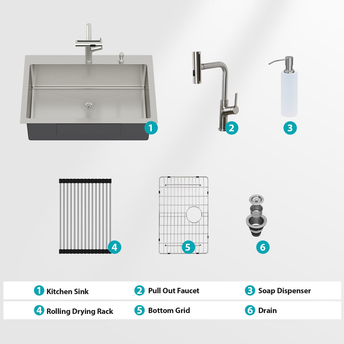 33" Drop-in Kitchen Sink with Pull-out Faucet and Soap Dispenser