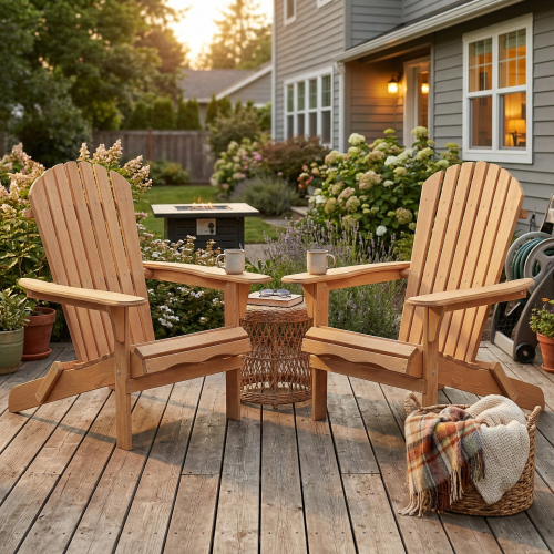 Wooden Outdoor Folding Adirondack Chair Set of 2 with Folding Design - Light Brown