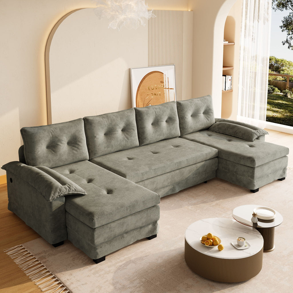 U-Shaped Sleeper Sofa With Pull Out Bed, Removable Armrests & USB Ports