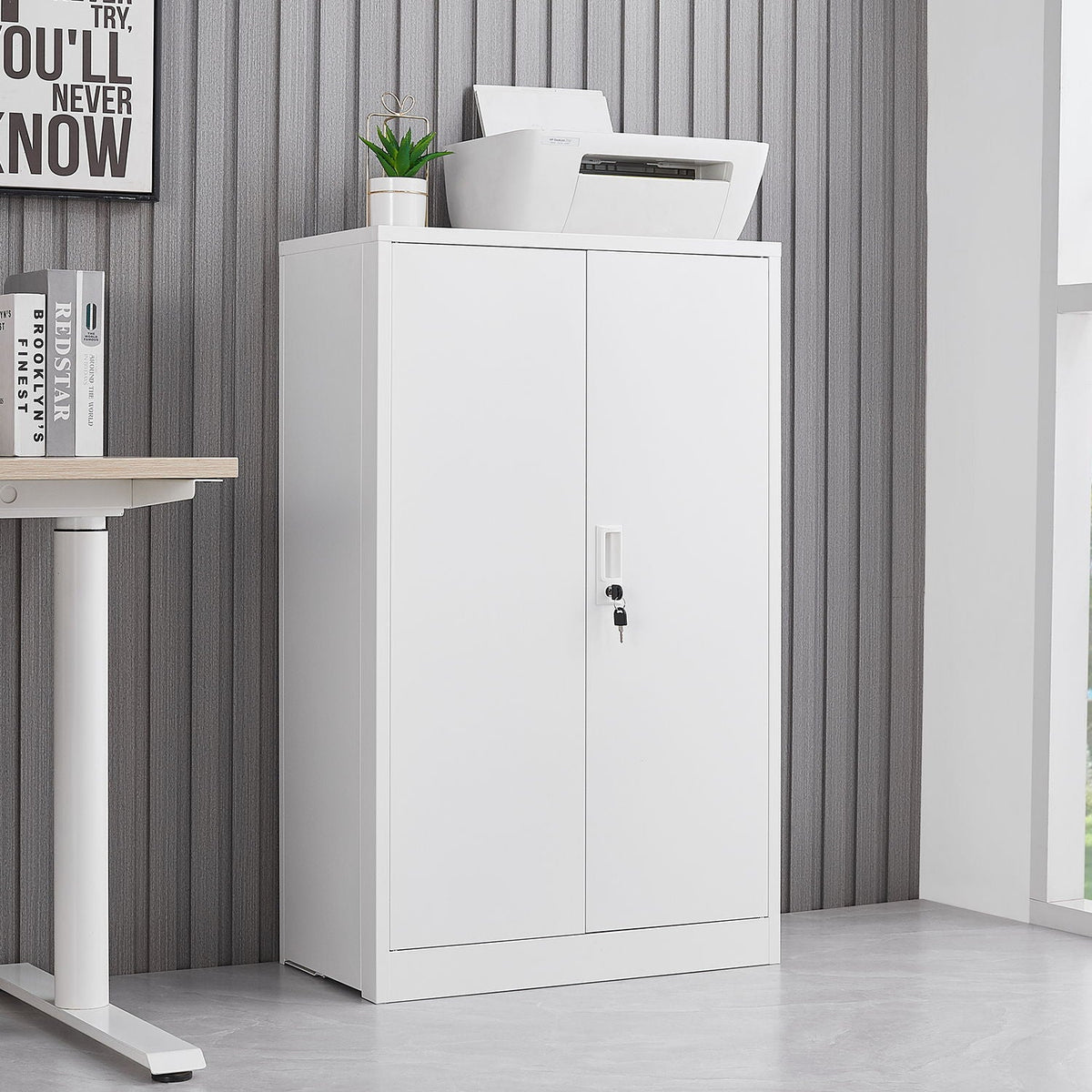 Metal Storage Cabinet With Locking Doors And Adjustable Shelf