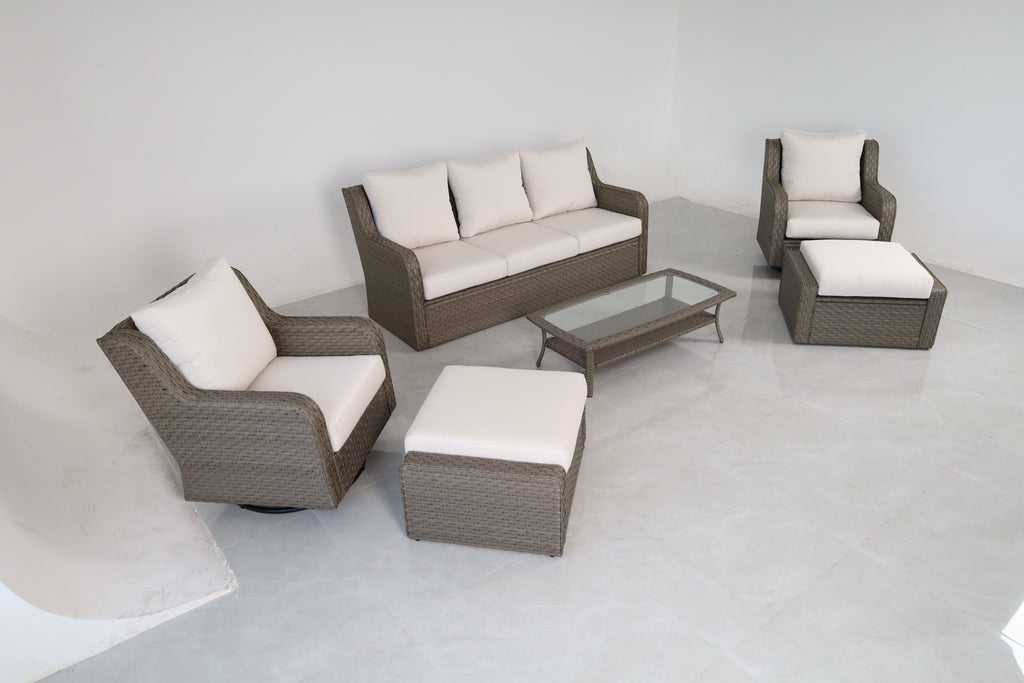 Luxury Rattan Patio Conversation Set with Swivel Chairs & Sofa - Light Gray