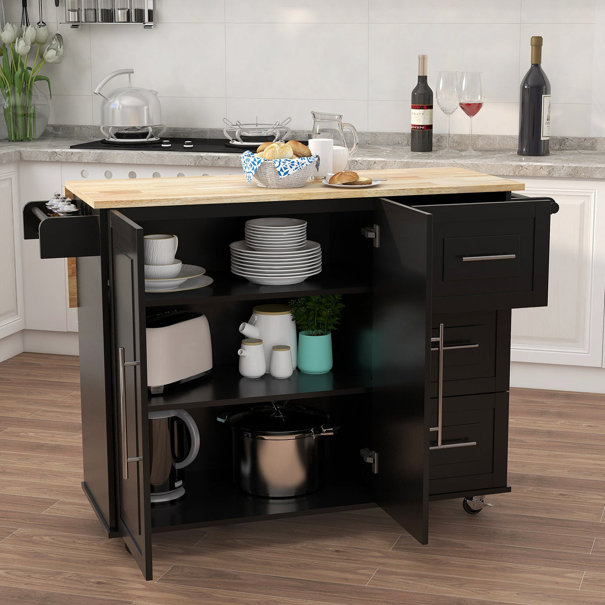 Kitchen Island, Spice Rack, Towel Rack. and Extensible Wood Top