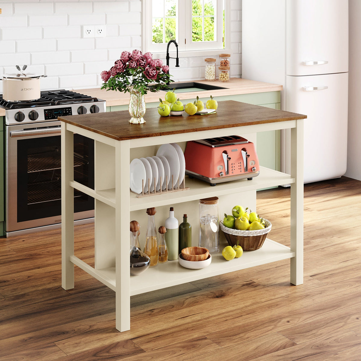 Solid Wood Rustic 3-Piece Kitchen Island Set