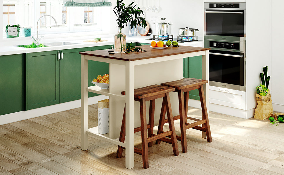 Solid Wood Rustic 3-Piece Kitchen Island Set