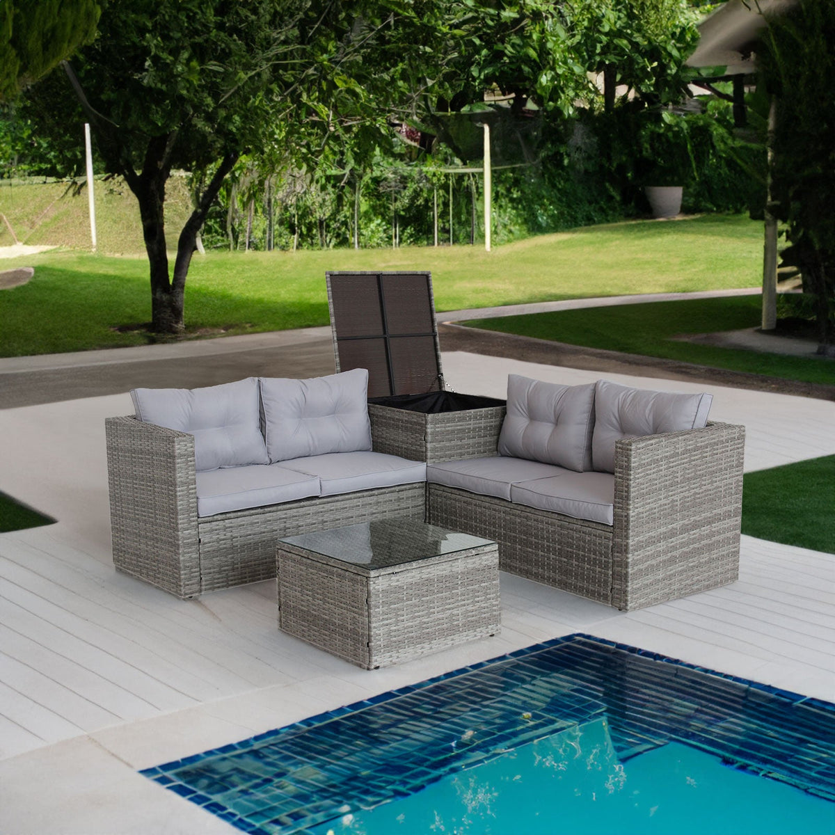 4 Piece Patio Sectional Wicker Rattan Sofa Set with Storage Box Grey