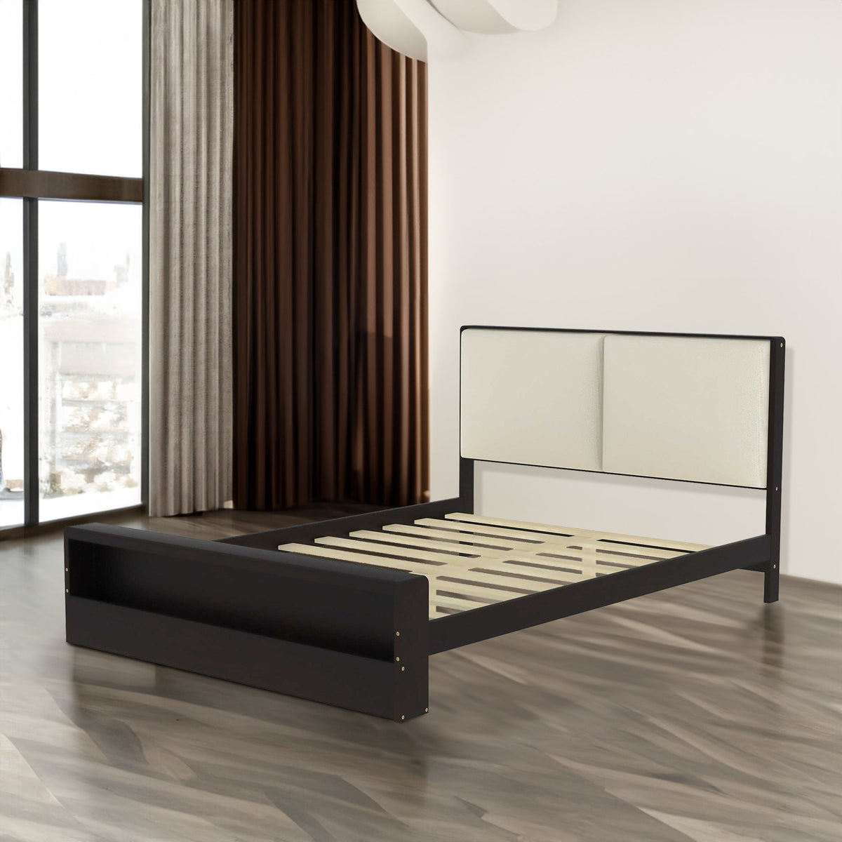 Queen Size Platform Bed Frame with Upholstery Headboard and Bookshelf