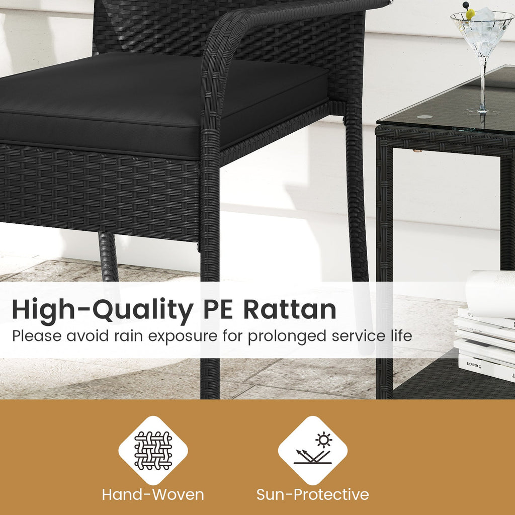 3 Piece Patio Furniture Set with Seat Cushions and Tempered Glass Tabletop