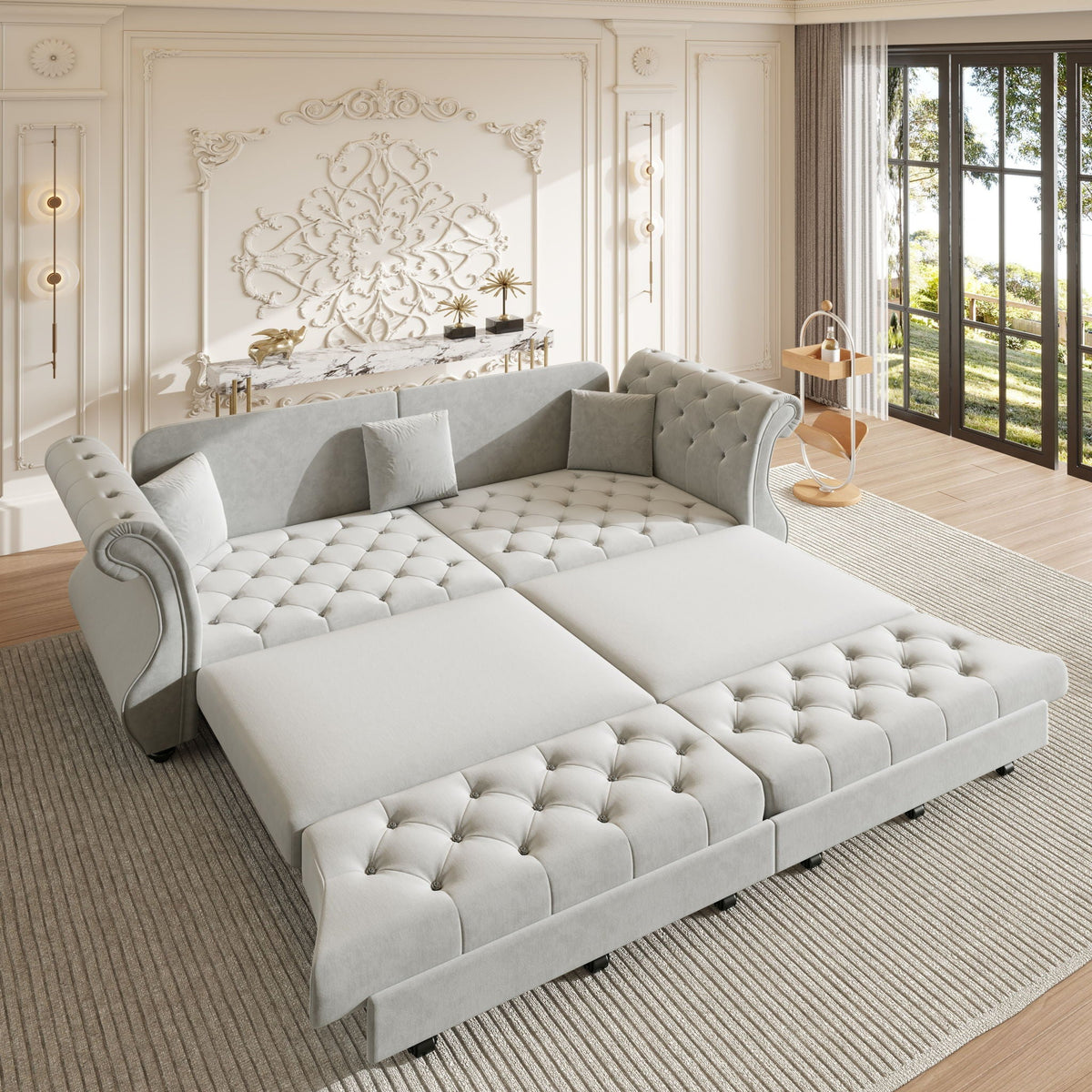 Oversized Chesterfield Pull Out Sofa Bed with Flower Tufting