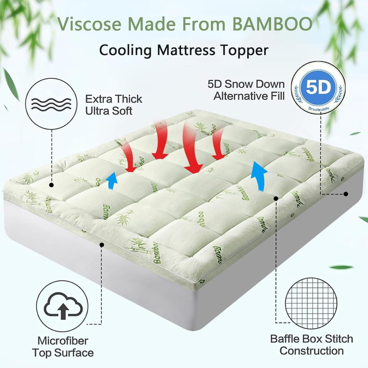 Bamboo Mattress Topper – Cooling, Extra Thick & Soft Quilted Cover for Back Pain Relief