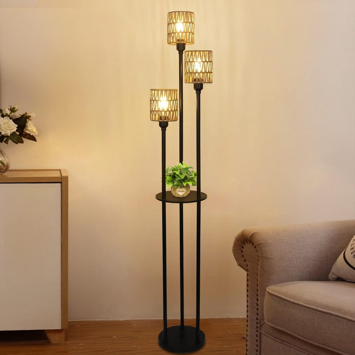Boho Floor Lamp with Shelves 3-Lights