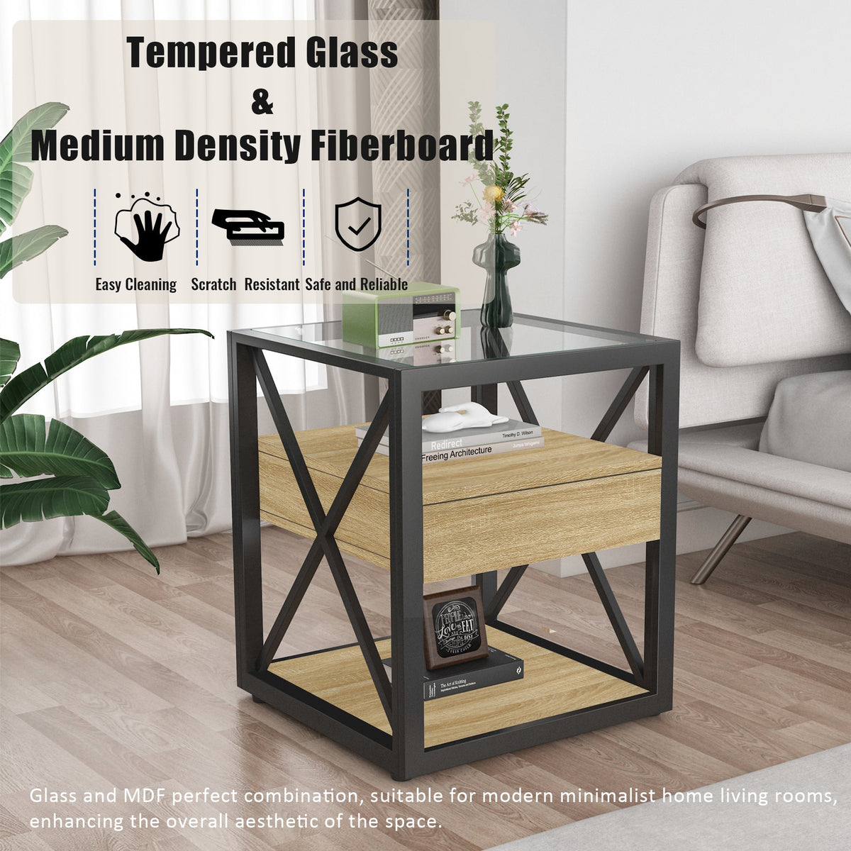 Set of 2 Modern End Table with Drawer