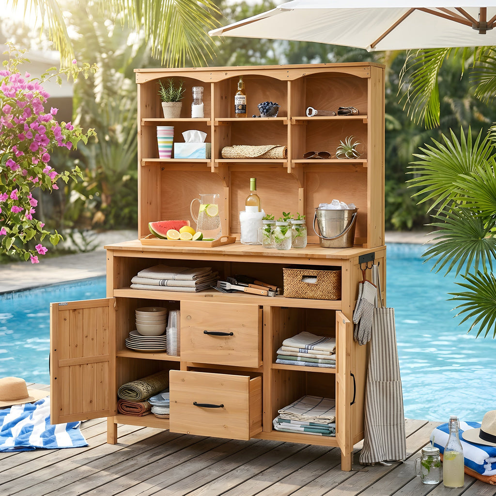 Large Fir Wood Potting Bench with Hutch, Cabinets & Drawers