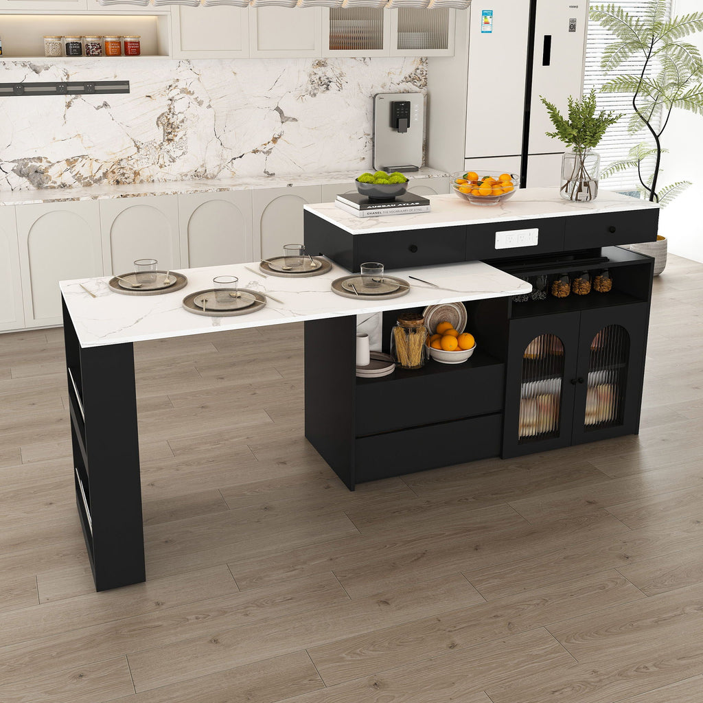 Kitchen Island, Extendable Rotating Table, 4 Drawers & Glass Doors