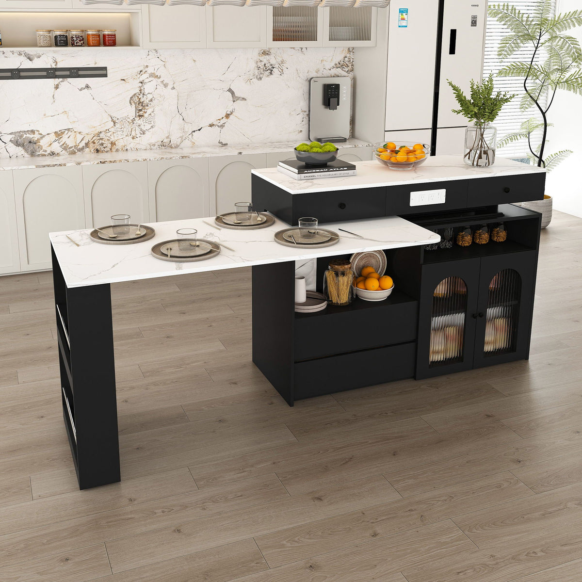 Kitchen Island, Extendable Rotating Table, 4 Drawers & Glass Doors