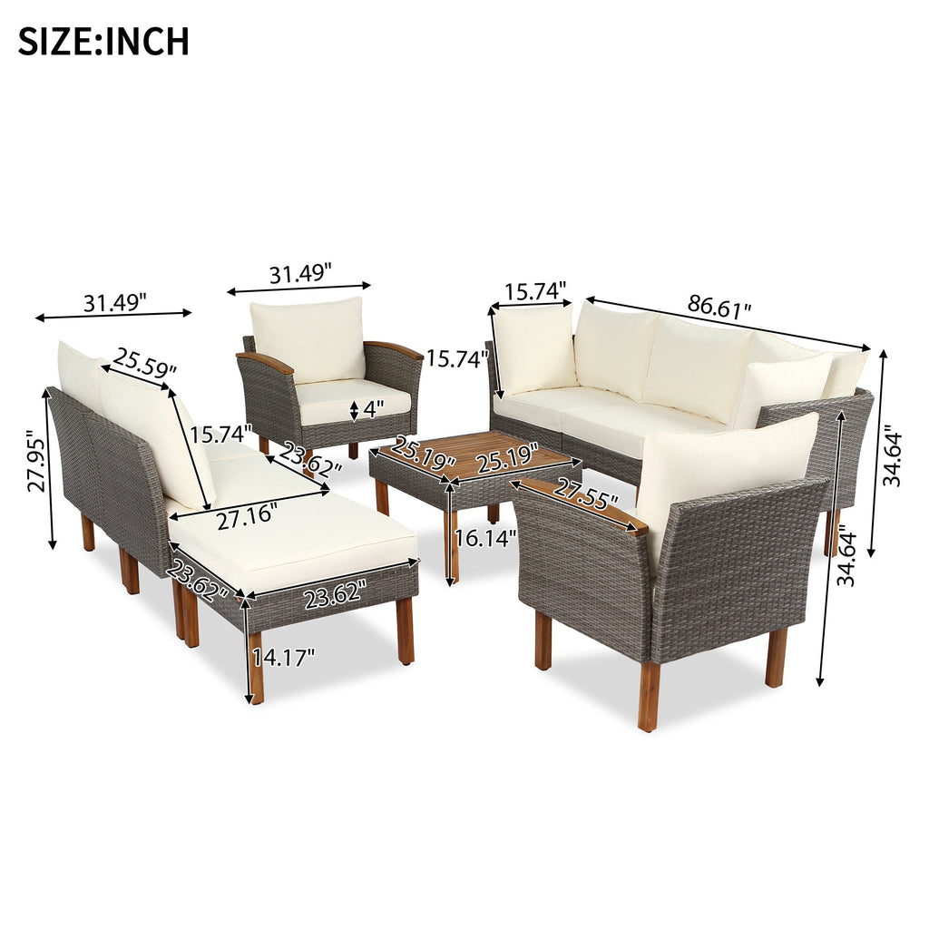 9-piece Patio rattan sofa set, coffee table washable cushions - beige