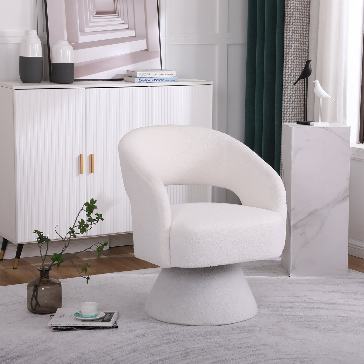 Swivel Accent Round Barrel Armchair in Fabric