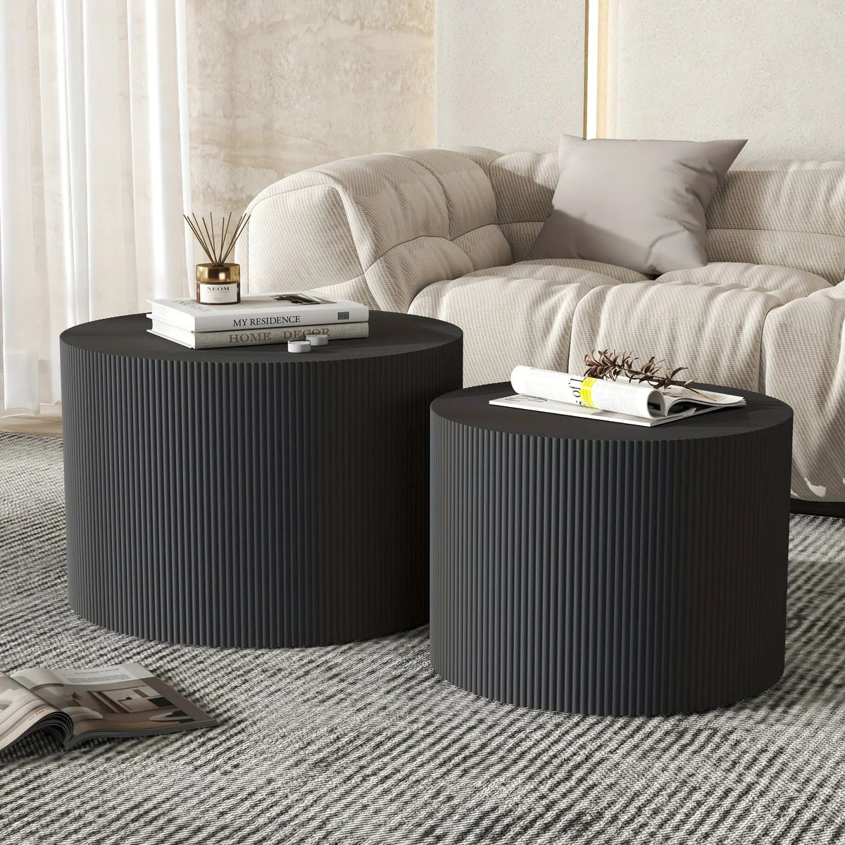 23.6" Vertical Grain Round Wooden Coffee Tables, Modern Nesting Coffee Table Set of 2, Indoor Side Table for Small Spaces Living Room, Bedroom, Balcony, Office