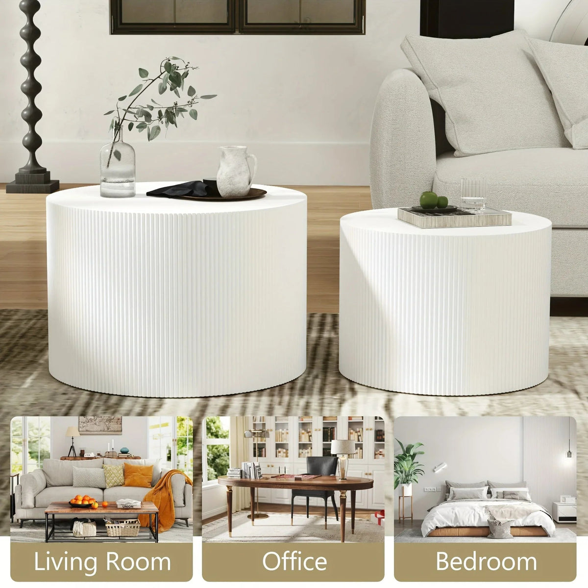 23.6" Vertical Grain Round Wooden Coffee Tables, Modern Nesting Coffee Table Set of 2, Indoor Side Table for Small Spaces Living Room, Bedroom, Balcony, Office