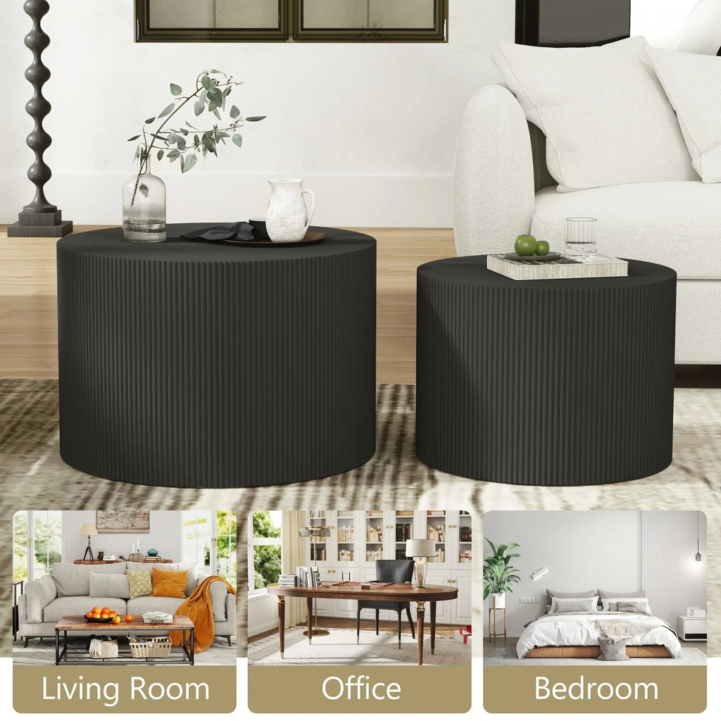 23.6" Vertical Grain Round Wooden Coffee Tables, Modern Nesting Coffee Table Set of 2, Indoor Side Table for Small Spaces Living Room, Bedroom, Balcony, Office