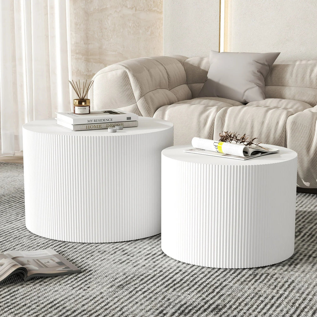 23.6" Vertical Grain Round Wooden Coffee Tables, Modern Nesting Coffee Table Set of 2, Indoor Side Table for Small Spaces Living Room, Bedroom, Balcony, Office