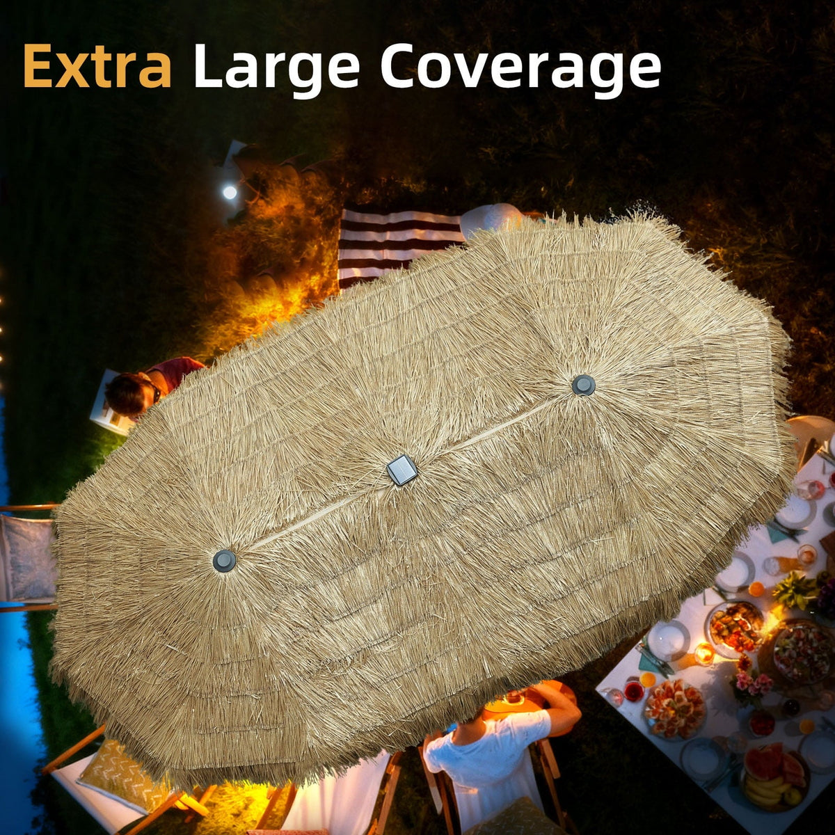13ft Large Thatched Tiki Patio Umbrella with Solar LED Lights