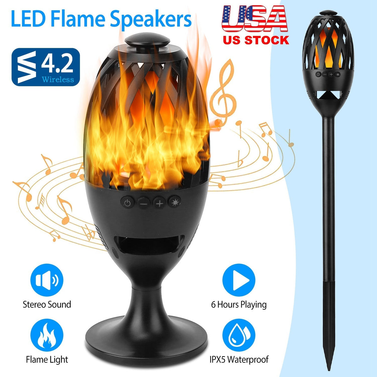 LED Flame Speakers Torch Wireless Speaker Waterproof Stereo Bass Speaker Outdoor