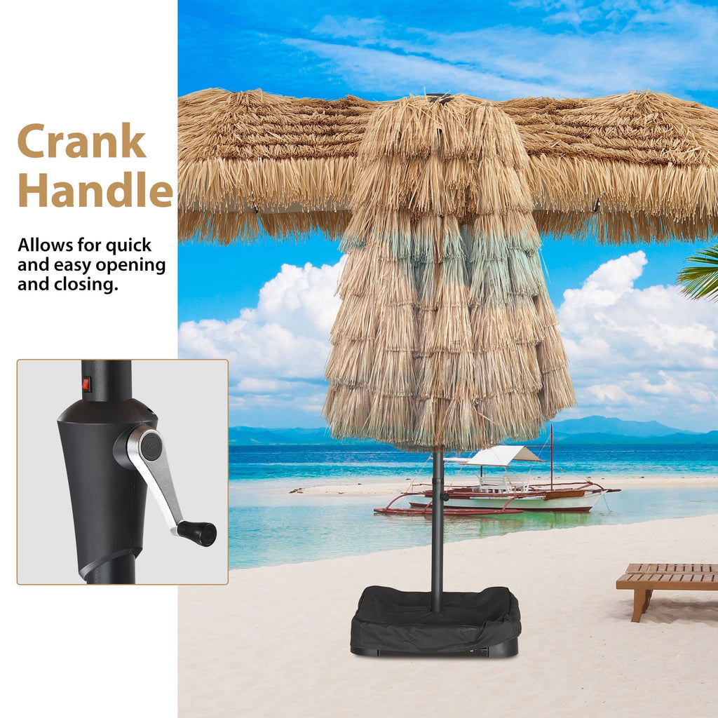 15ft Large Thatched Tiki Patio Umbrella with Lights, Weighted Sandbags