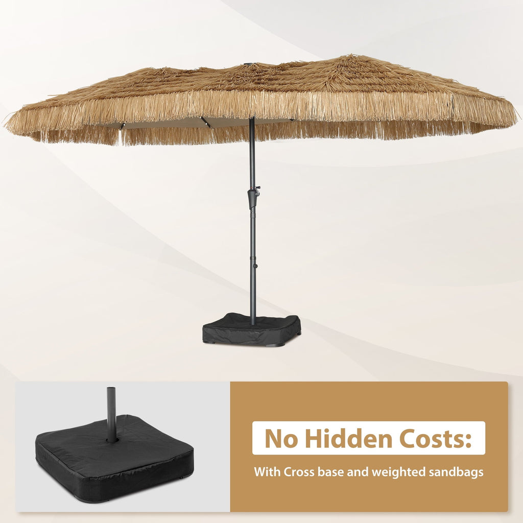 15ft Large Thatched Tiki Patio Umbrella with Lights, Weighted Sandbags