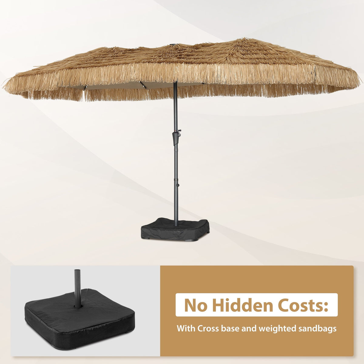 15ft Large Thatched Tiki Patio Umbrella with Lights, Weighted Sandbags
