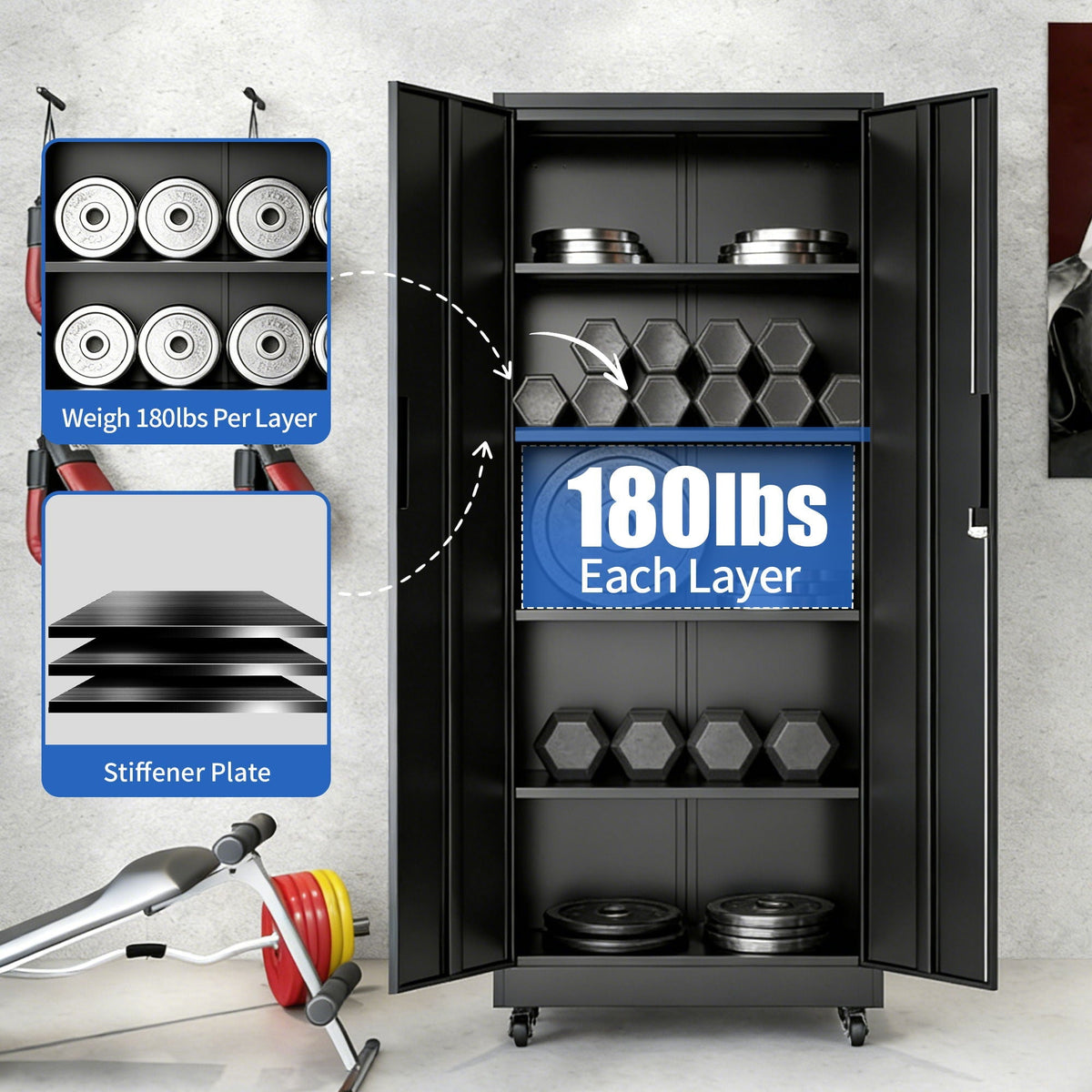 Storage Cabinet With Wheels And Lock, 4 Adjustable Shelves