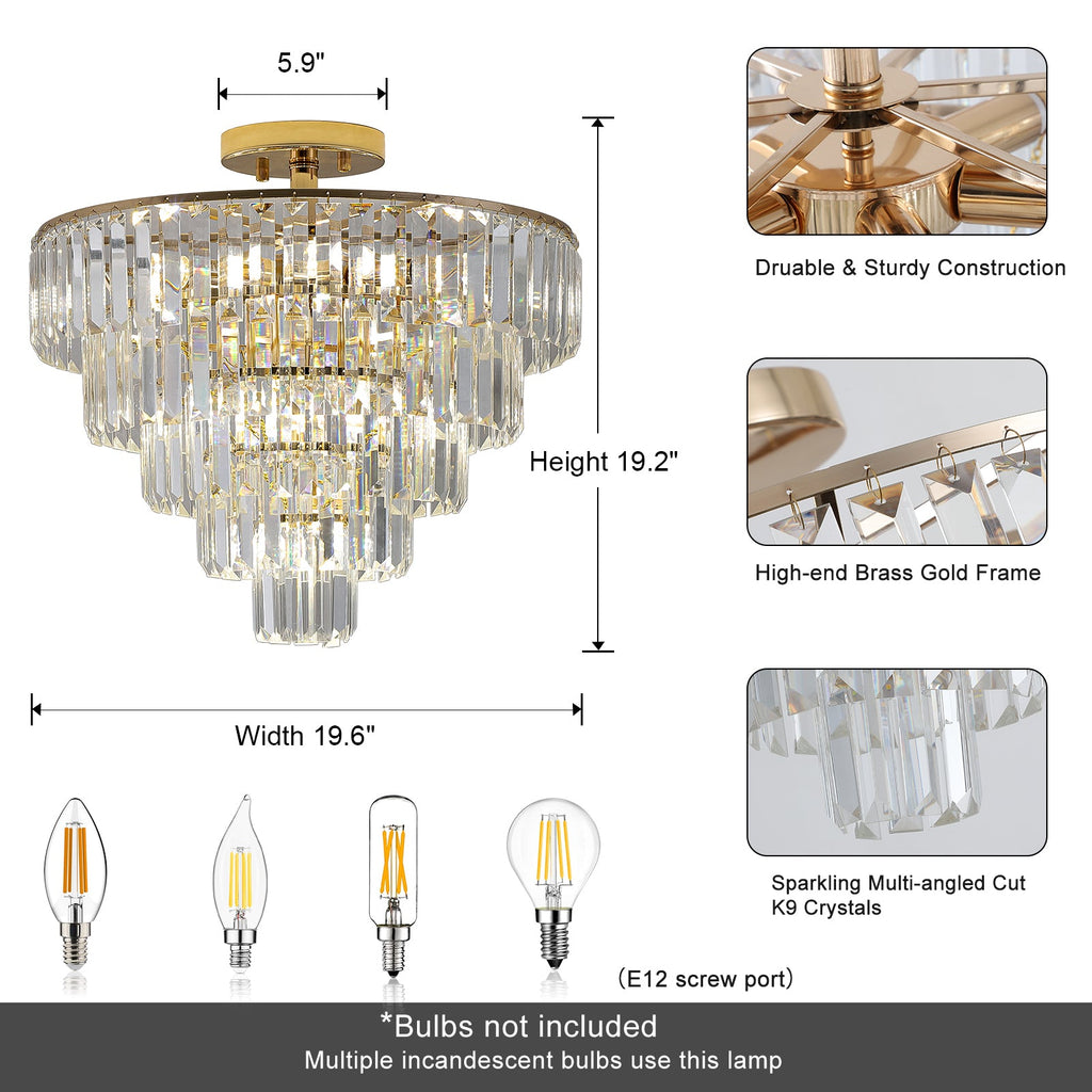 Gold Crystal Chandeliers,5-Tier Round Semi Flush Mount Chandelier
