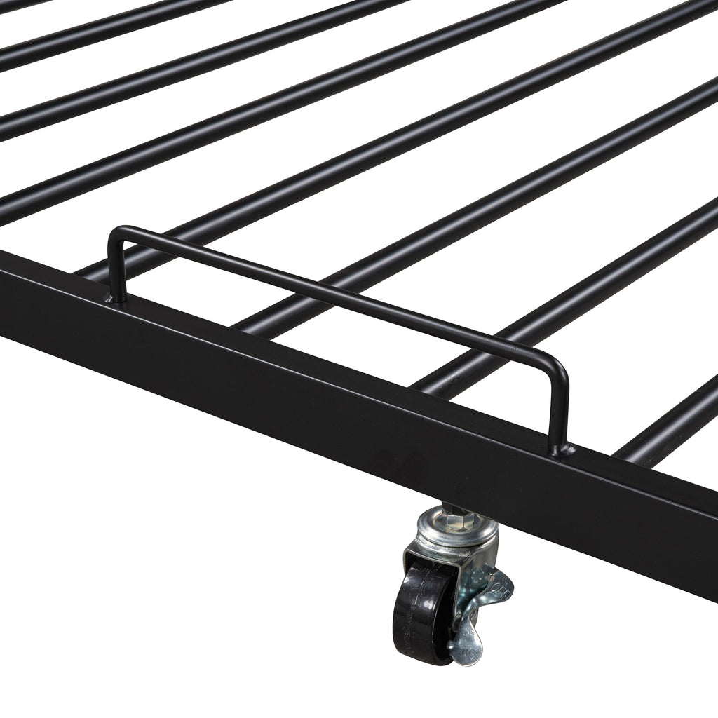 Queen Size Metal Platform Bed Frame with Trundle, USB Ports and Slat Support