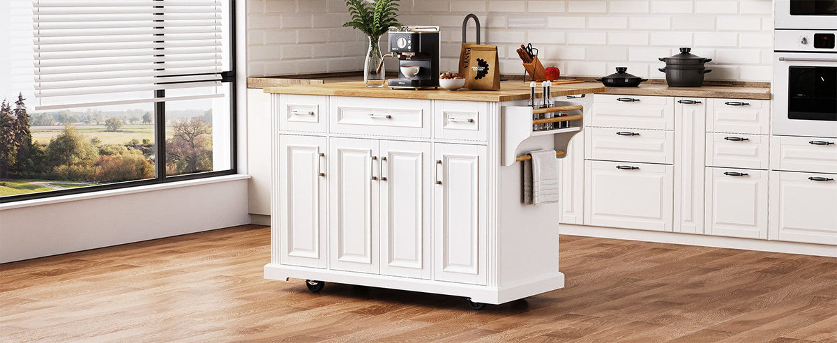 54-Inch Large Kitchen Island with Rubber Wood Drop Leaf