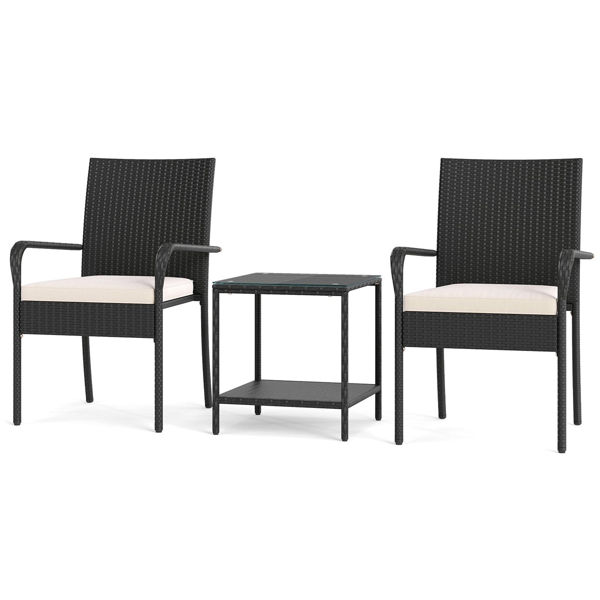 3 Piece Patio Furniture Set with Seat Cushions and Tempered Glass Tabletop