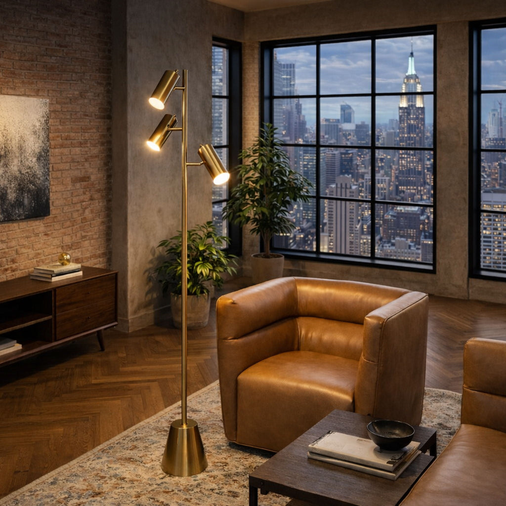 Floor Lamp With Rotary Switch Triple Spots Cone Base - Gold
