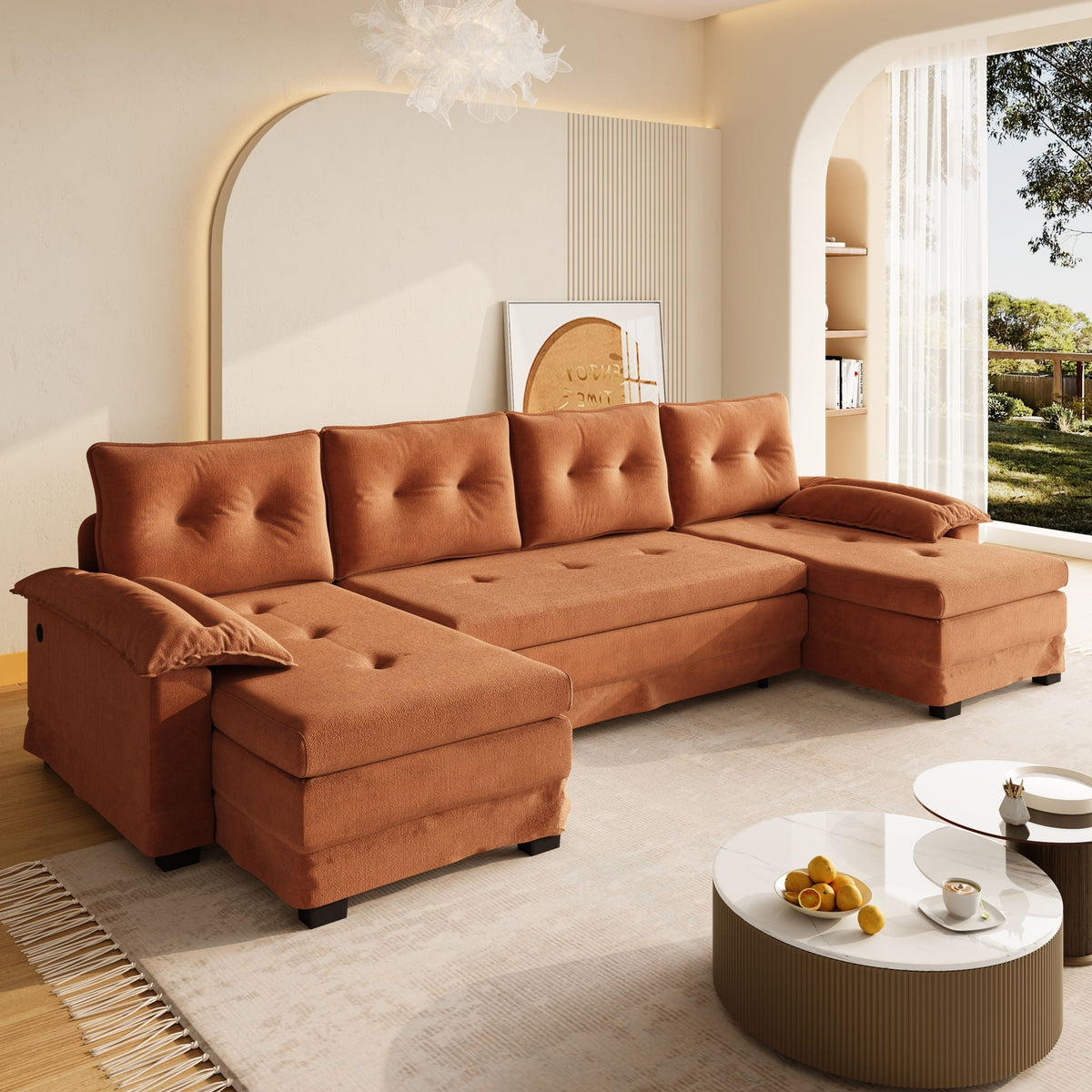 U-Shaped Sleeper Sofa With Pull Out Bed, Removable Armrests & USB Ports
