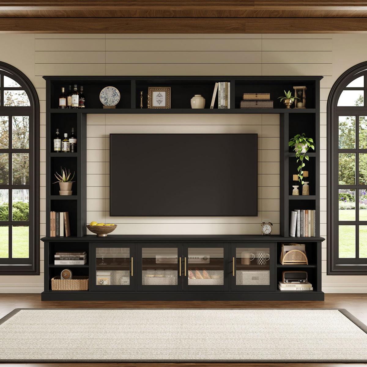 All-In-One Entertainment Center With Bookshelves & Tempered Glass Doors