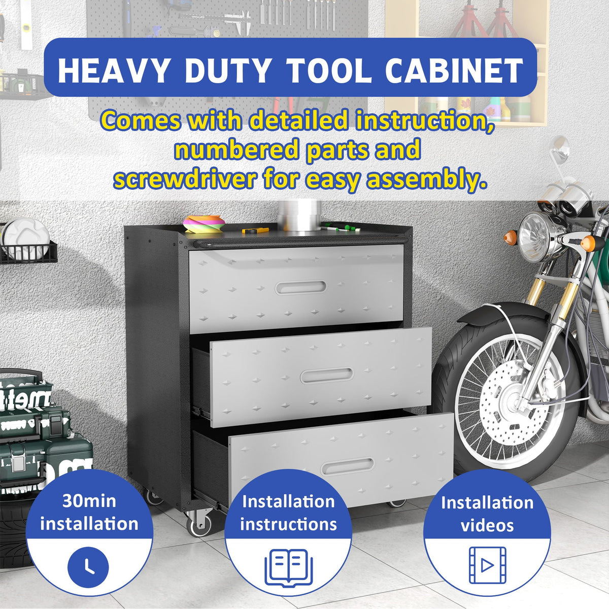 Heavy Duty Metal Storage Cabinet With Wheels 3 Drawer Tool Cabinet